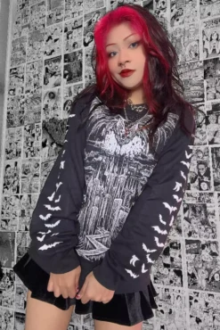 Vampire Castle Sweatshirt W/ Bat Sleeves [BLACK/WHITE] -Kreepsville Sales Bat Sweatshirt