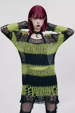 Bleed Green Striped Sweater [BLACK/GREEN] -Kreepsville Sales Distressed Green Sweater
