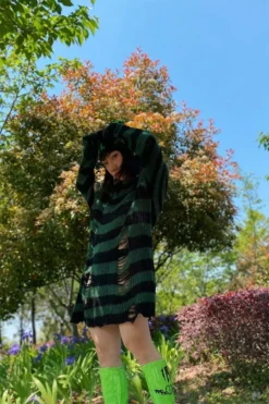 Dark Forest Green/Black Striped Distressed Sweater -Kreepsville Sales Hc0946a8486fb43fab0702d93f37585daXcopy