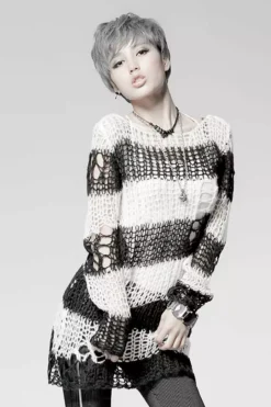 Punk Rave Damage Striped Sweater [Black/White] -Kreepsville Sales IMG 4767
