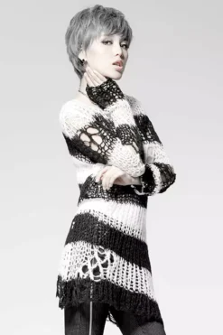 Punk Rave Damage Striped Sweater [Black/White] -Kreepsville Sales IMG 4774