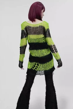 Bleed Green Striped Sweater [BLACK/GREEN] -Kreepsville Sales Neon Green Punk Top