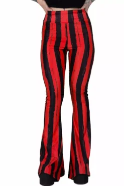 Distressed Striped Hellz Bellz Bell Bottoms [BLACK/RED] -Kreepsville Sales Red Emo Striped Flares