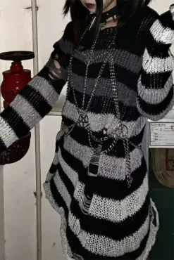 Gradient Gray Striped Distressed Sweater