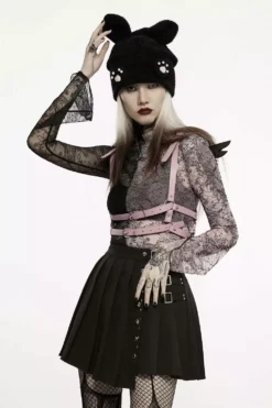 Pink Stitches Mismatched Mesh Top [BLACK/PINK] -Kreepsville Sales WT 727TCF PINK 04jpg