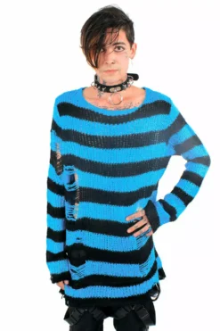 Pastel Blue/Black Striped Distressed Sweater -Kreepsville Sales blue sweater 01 e50e1ba7 b09b 4870 afa2 bfce49d29b1b