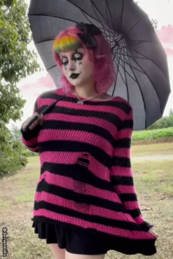 Hot Pink/Black Striped Distressed Sweater