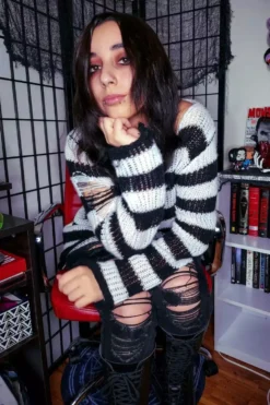White/Black Striped Distressed Sweater -Kreepsville Sales emo tim burton sweater