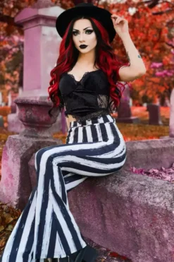 Distressed Beetlejuice Striped Hellz Bellz Bell Bottoms [BLACK/WHITE] -Kreepsville Sales eorjfgreifgfrefgbgftr
