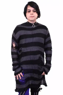 Grey/Black Striped Distressed Sweater -Kreepsville Sales gray 01