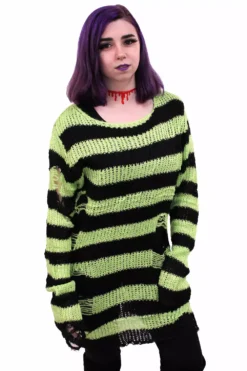 Neon Green/Black Striped Distressed Sweater -Kreepsville Sales green stripe 01