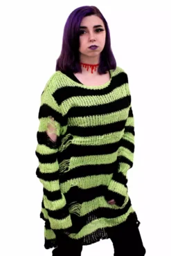 Neon Green/Black Striped Distressed Sweater -Kreepsville Sales green stripe 02