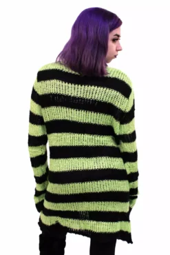 Neon Green/Black Striped Distressed Sweater -Kreepsville Sales green stripe 03
