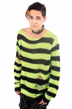 Neon Green/Black Striped Distressed Sweater -Kreepsville Sales green sweater 02