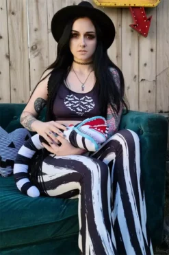 Distressed Beetlejuice Striped Hellz Bellz Bell Bottoms [BLACK/WHITE] -Kreepsville Sales hhjtrhtrhrthr
