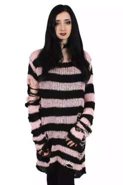 Pastel Pink/Black Striped Distressed Sweater -Kreepsville Sales pastel pink sweater