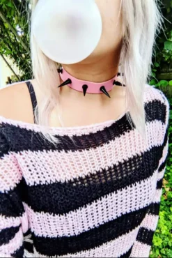 Pastel Pink/Black Striped Distressed Sweater -Kreepsville Sales pbswea