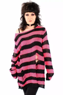 Hot Pink/Black Striped Distressed Sweater -Kreepsville Sales pink sweater 02 c6f05328 6a31 42a7 9e27 5aaa5c9b5658