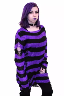 Purple/Black Striped Distressed Sweater