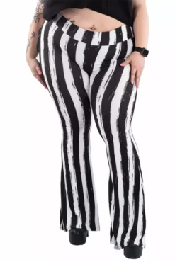 Distressed Beetlejuice Striped Hellz Bellz Bell Bottoms [BLACK/WHITE] -Kreepsville Sales vfgttght