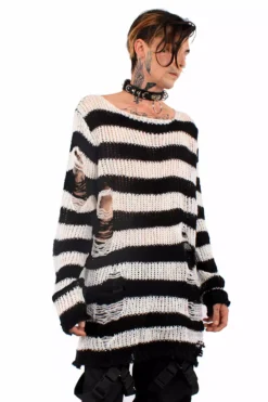 White/Black Striped Distressed Sweater -Kreepsville Sales white sweater 01