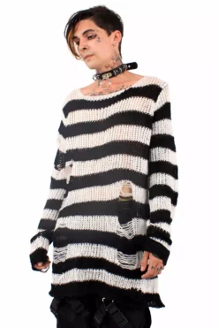 White/Black Striped Distressed Sweater -Kreepsville Sales white sweater 02