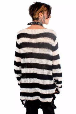 White/Black Striped Distressed Sweater -Kreepsville Sales white sweater 03